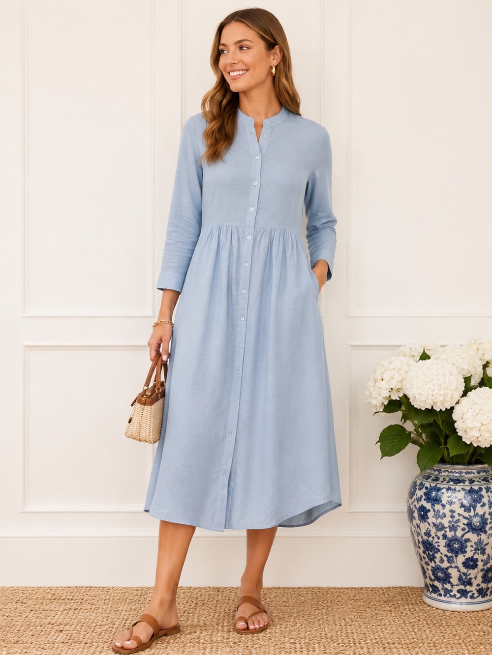 Tuckernuck Blue Linen Blend Button Front Maxi Dress XS/ Small